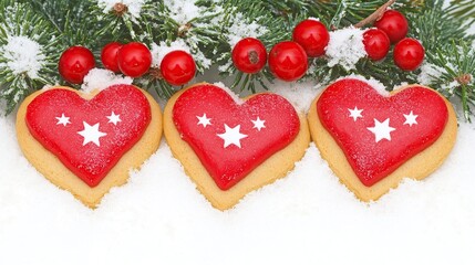 Snowy winter scene three red heart cookies, holly, fir