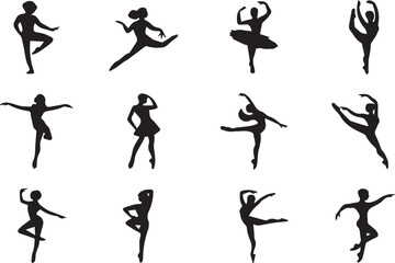 A set of different types of black modern dancer silhouette on a white background.