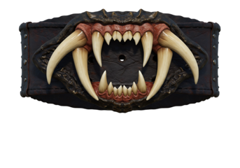A dark leather belt with a monsterlike mouth buckle featuring large menacing fangs
