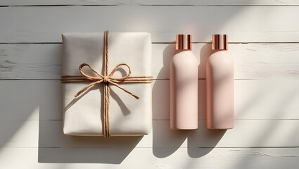 Two elegant pink cosmetic bottles with rose gold caps sit beside a gift wrapped in textured white paper and twine