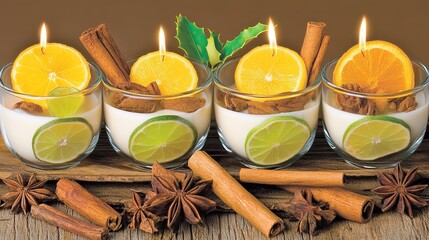 Scented citrus candles burning, wood, holiday