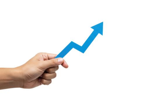 Adult human hand, well-maintained, holding a blue paper arrow graph pointing upwards, on a seamless transparent background with bright, even studio lighting, concept of financial growth and success