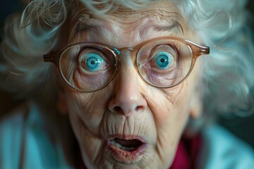 Shocked senior woman opening mouth and wearing glasses, close up portrait of surprise and astonishment