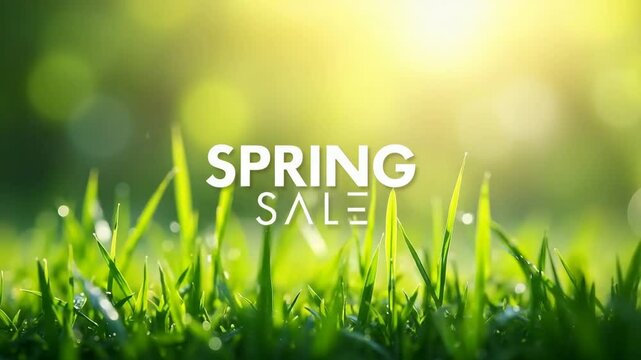Spring sale advertisement shows lush green grass with sunshine on a blurred background. This spring sale design enhances nature's beauty with fresh grass and sunshine glow, - Powered by Adobe