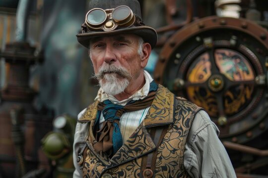 Senior steampunk engineer wearing goggles and a top hat posing near machinery