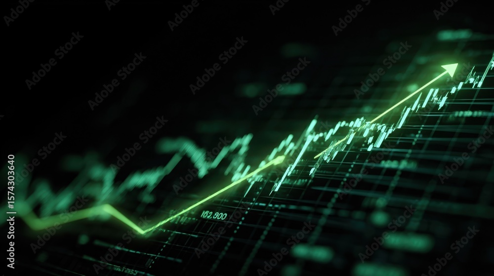 Poster closeup of a dynamic revenue growth graph with a glowing green arrow emphasizing cryptocurrency inve