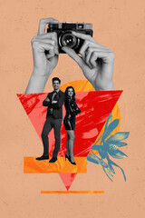 Banner art creative trend collage of happy girl guy stand hands hold photo camera shooting retro...