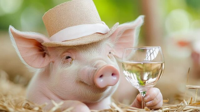 Cheerful pig wearing hat enjoys glass of wine in barnyard setting
