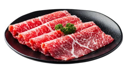 Rare sliced Wagyu beef on black plate, shabu shabu style, isolated on transparent 