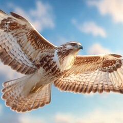 Majestic Bird of Prey Soaring High in the Sky Detailed Feathers Brown and White with a Clear Blue Sky