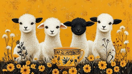 Whimsical meadow scene featuring lambs and a decorative tea cup against a golden backdrop