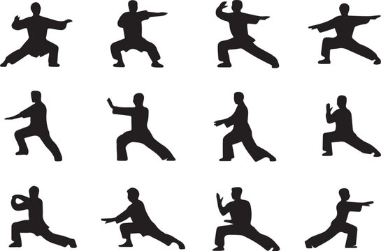 A set of different types of black Taichi silhouette on a white background.