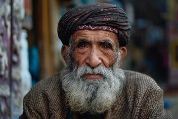 Close up portrait capturing the weathered face and expressive eyes of an elderly afghan man wearing a traditional turban and clothing, set against the backdrop of a blurred market