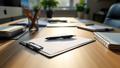 a modern, neatly organized office desk scene captured in a shallow depth of field, viewed from a low angle perspective