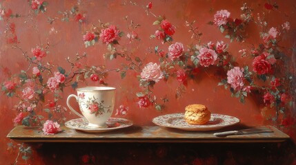 Elegant still life painting of tea cup with scone on floral plate against ornate floral wall art