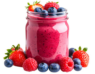  Refreshing Berry Smoothie in Glass Jar with Fresh Berries on Top, Isolated on Transparent Background PNG