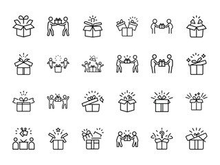 Bundle of Surprise Popup Gift Silhouettes in Minimal Line Style Featuring Gift Boxes, Celebration Icons, and People Sharing Presents on White Background