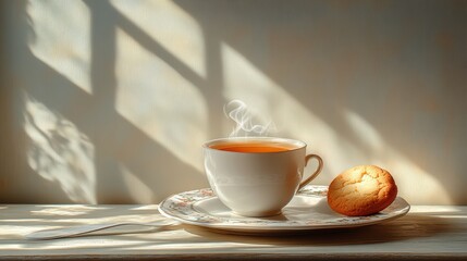Morning bliss tea moment soft sunlight on wall elegant cup and cookie perfect breakfast tranquil scene calm background beautiful shadows