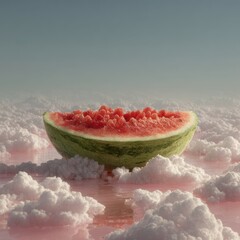 Artistic Summer Still Life Watermelon Slice Amidst Dreamlike Clouds Floating on Surreal Pink Water
