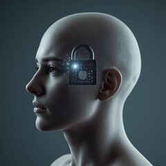 A female humanoid figure with a sleek bald head, featuring a futuristic lock on her temple, symbolizing security and technology.