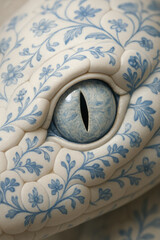 Porcelain Snake Eye with Blue Floral Pattern

Close-Up of a Decorative Reptile Eye in Delft Blue Style

Artistic Reptilian Skin with Glazed Ceramic Detailing