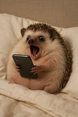 Surprised Hedgehog Holding Smartphone in Bed

Shocked Hedgehog Reacting to Phone Screen

Funny Hedgehog Using Mobile Phone at Night

Adorable Hedgehog with Hilarious Expression Looking at Phone