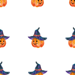 Watercolor seamless pattern with Halloween pumpkin lantern isolated on white. Great for your Halloween design, vintage postcards, packaging, wrapping paper, holiday party, festive textile, wallpaper