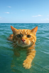 Orange Tabby Cat Swimming in the Sea

Surprised Cat Floating in Clear Ocean Water


