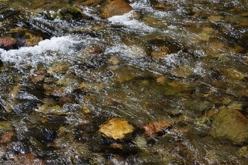 
Pebbles and stones of various colors visible underwater. Reflections of sunlight are visible on the water surface.