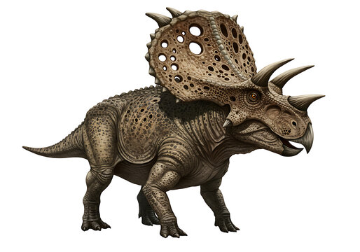 A detailed illustration presents a dinosaur with a large perforated frill three horns  a brown mottled skin texture set against a black background