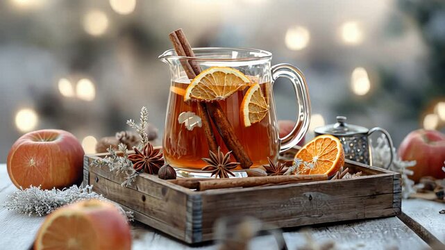 Cozy winter drink: spiced tea with cinnamon and orange in rustic setting