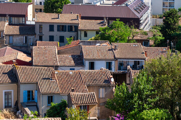 Row of houses with brown roofs. The houses are all different sizes. There are some trees
