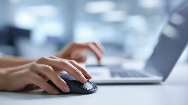 Hands Typing on Laptop and Using Mouse in Office Environment with Blurred Background