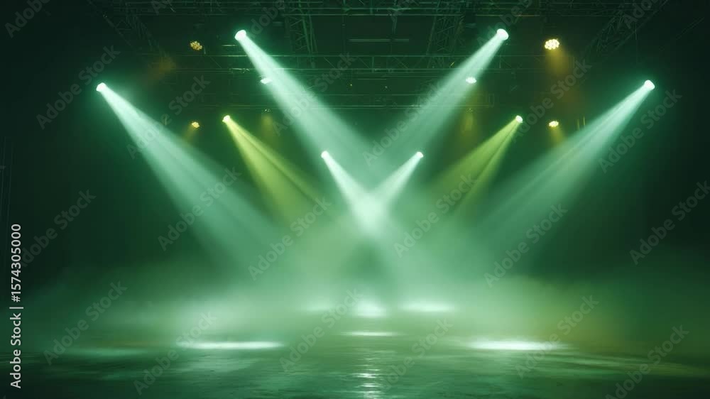Poster illuminated stage: brilliant spotlights create a dynamic stage atmosphere, with vivid colors and atm