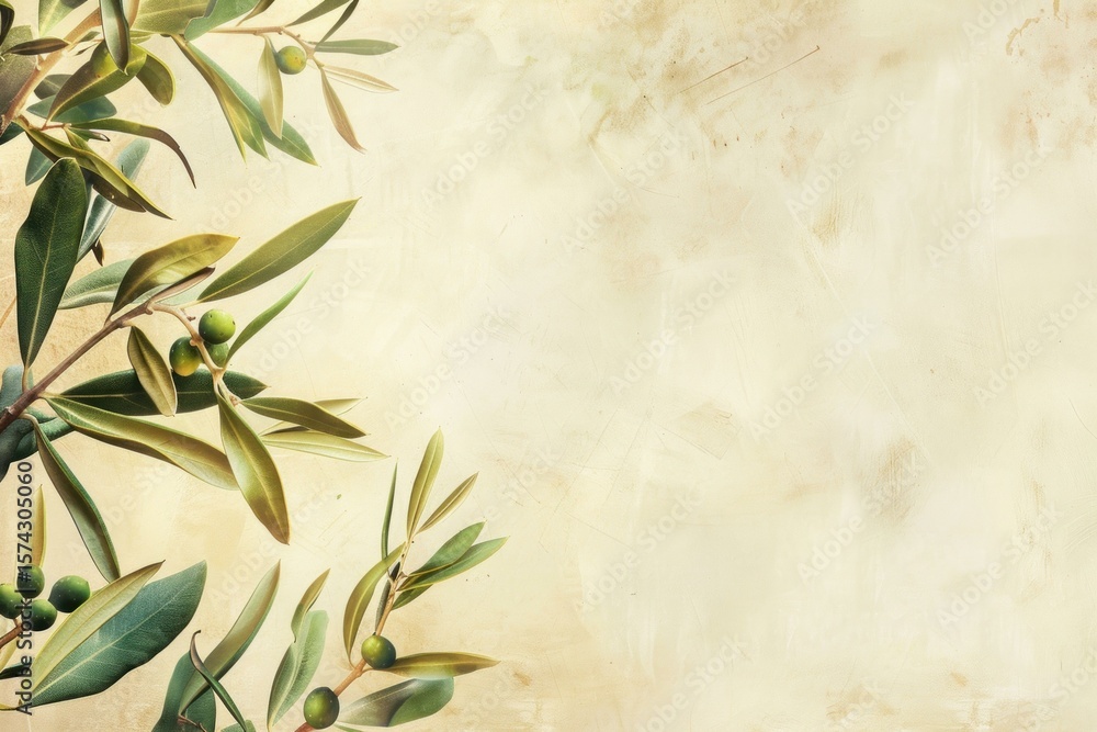 Poster olive branches with green olives arranged on a rustic background create a beautiful natural frame wi