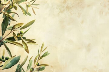 Olive branches with green olives arranged on a rustic background create a beautiful natural frame with negative space