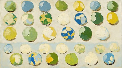Painted globes array, studio setting, light blue background, art print