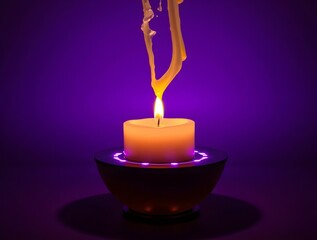 Burning Candle with Melted Wax: Mystical Purple Ambiance