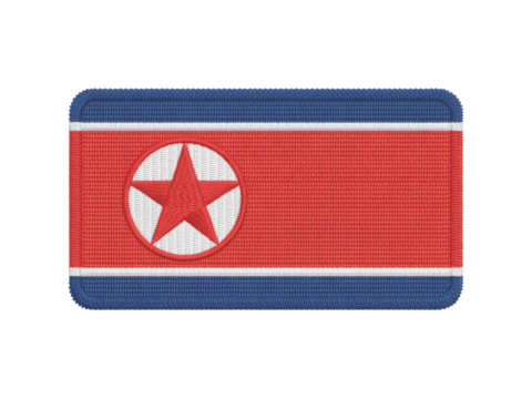 Embroidered North Korean flag patch with red star and blue stripes on a transparent background.