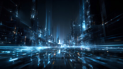 Futuristic Digital Cityscape with Blue Neon Light Reflections