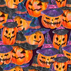 Watercolor seamless pattern with Halloween pumpkin lantern. Scary pumpkins. Great for your Halloween design, vintage postcards, packaging, wrapping paper, holiday party, festive textile, wallpaper