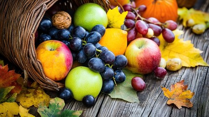 Autumn harvest cornucopia overflowing fruits, wood, leaves