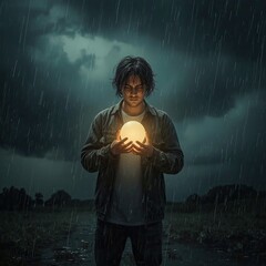 A young man stands in the rain, holding a glowing orb, embodying a mystical aura amidst a stormy backdrop.