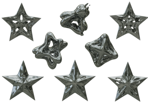 Abstract shapes and geometric stars in glossy chrome and liquid metal, with organic wavy and sharp spiky forms, highly reflective surfaces, against a transparent background with copy space, slightly