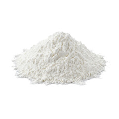 Large, soft, granular pile of fine white powder with delicate, fluffy texture, defined contours, resembling baking flour or powdered sugar, on transparent studio background with copy space, concept