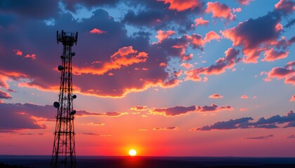 Naklejka premium an evening scene where the sky is awash with vibrant hues of orange and pink, creating a dramatic sunset that paints the backdrop of a distant horizon