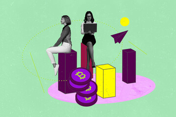 Creative full art collage of happy girl guy sit together chart progress receive dollar capital...