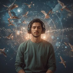 A calm young man of Middle-Eastern descent, immersed in music, surrounded by ethereal birds and cosmic elements.