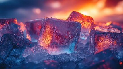 Cooling Cubes on Ice Close Up Abstract Ice Textures Cold Reflection and Red Light Backdrop Detail