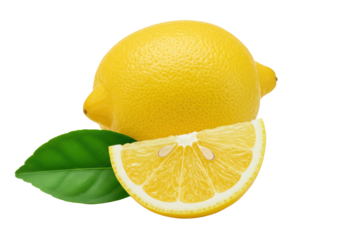 A whole and sliced vibrant yellow lemon with a green leaf, displaying juicy pulp and seeds, isolated on a seamless transparent background with soft studio lighting, concept of healthy eating and
